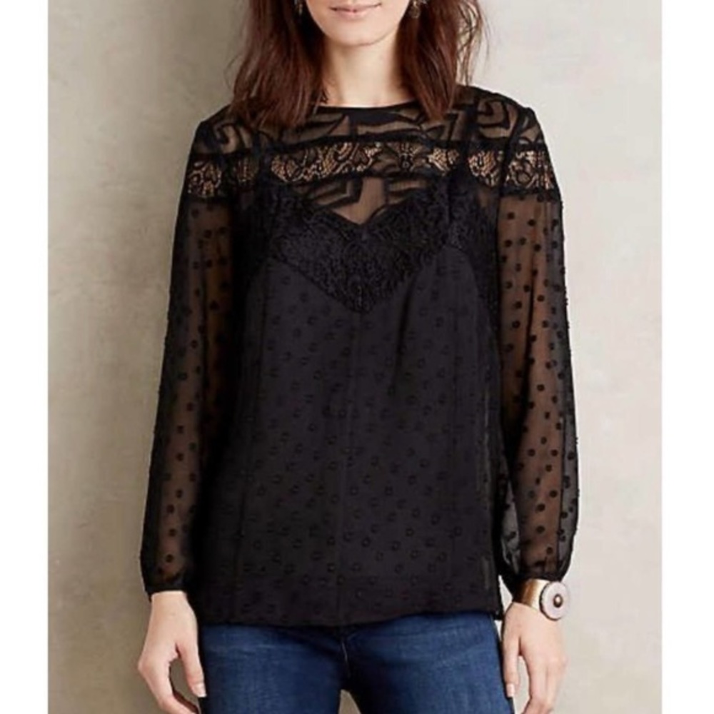Anthropologie HD in Paris Verona Black Sheer Lace Long Sleeve Top Size 2